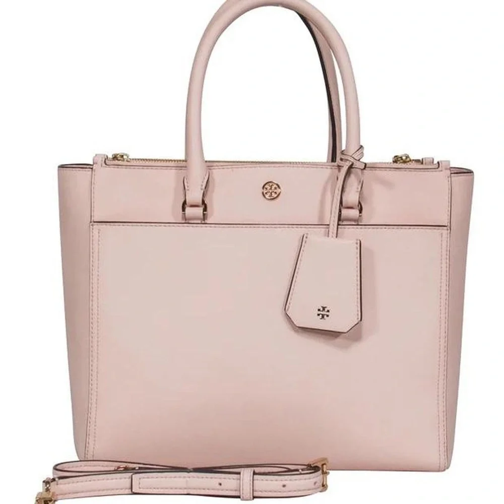 Tory Burch Robinson Double Zip Tote Pale Apricot‎ Royal Navy Style 46332 0218
